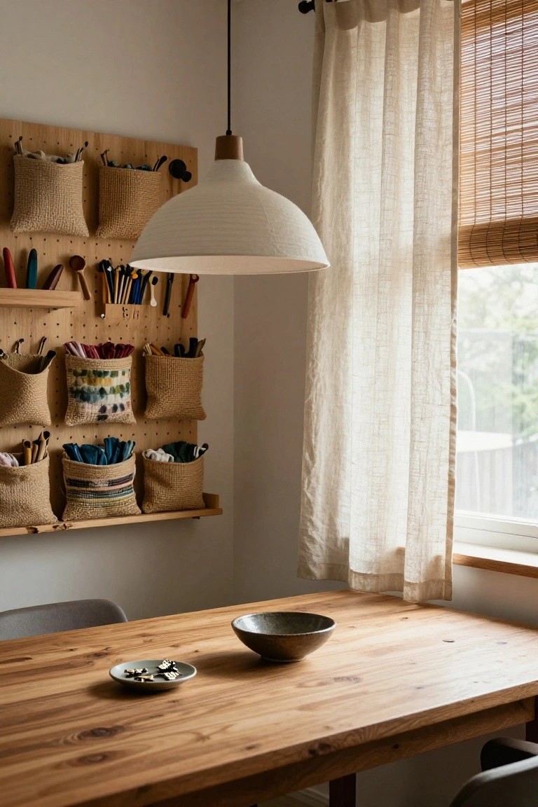 Wooden pegboard wall with hooks holding tools and baskets containing fabrics and supplies, beside a window with sheer curtains and bamboo blinds, above a wooden table with a gray bowl and small plate.