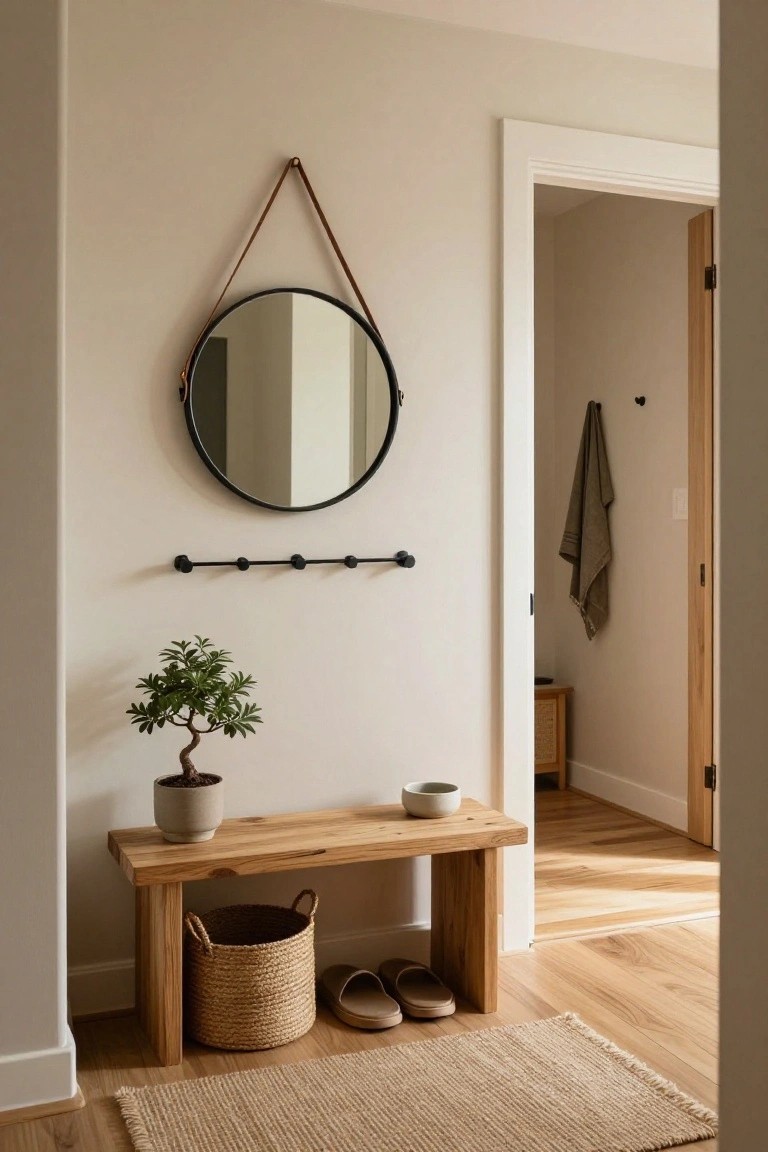 Beige entryway with round black mirror on leather straps, black wall hooks holding a gray towel, bonsai plant on ceramic pot next to wood bench with woven basket and slippers underneath, seagrass rug on oak floors.