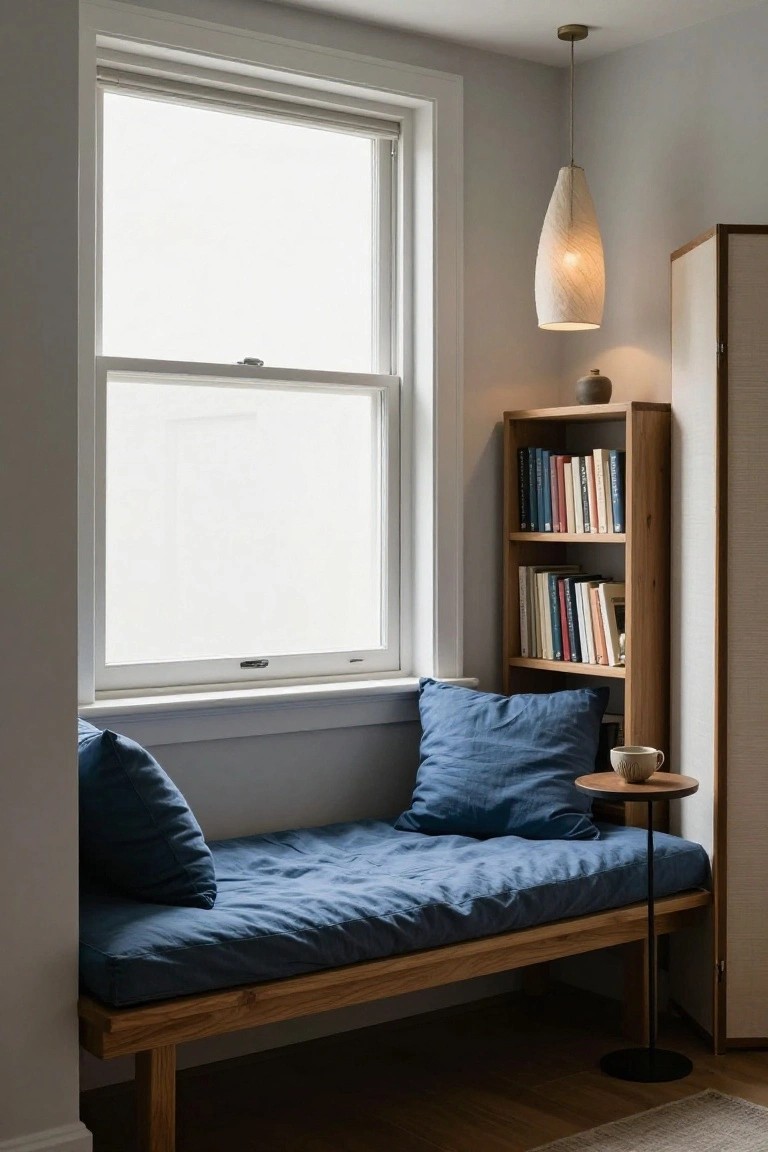 Window seat with blue cushions and wooden frame under a large frosted window, flanked by oak bookshelves with assorted books, a small round side table with a ceramic mug and vase, and a fabric pendant lamp hanging nearby in a light gray room with hardwood floors.