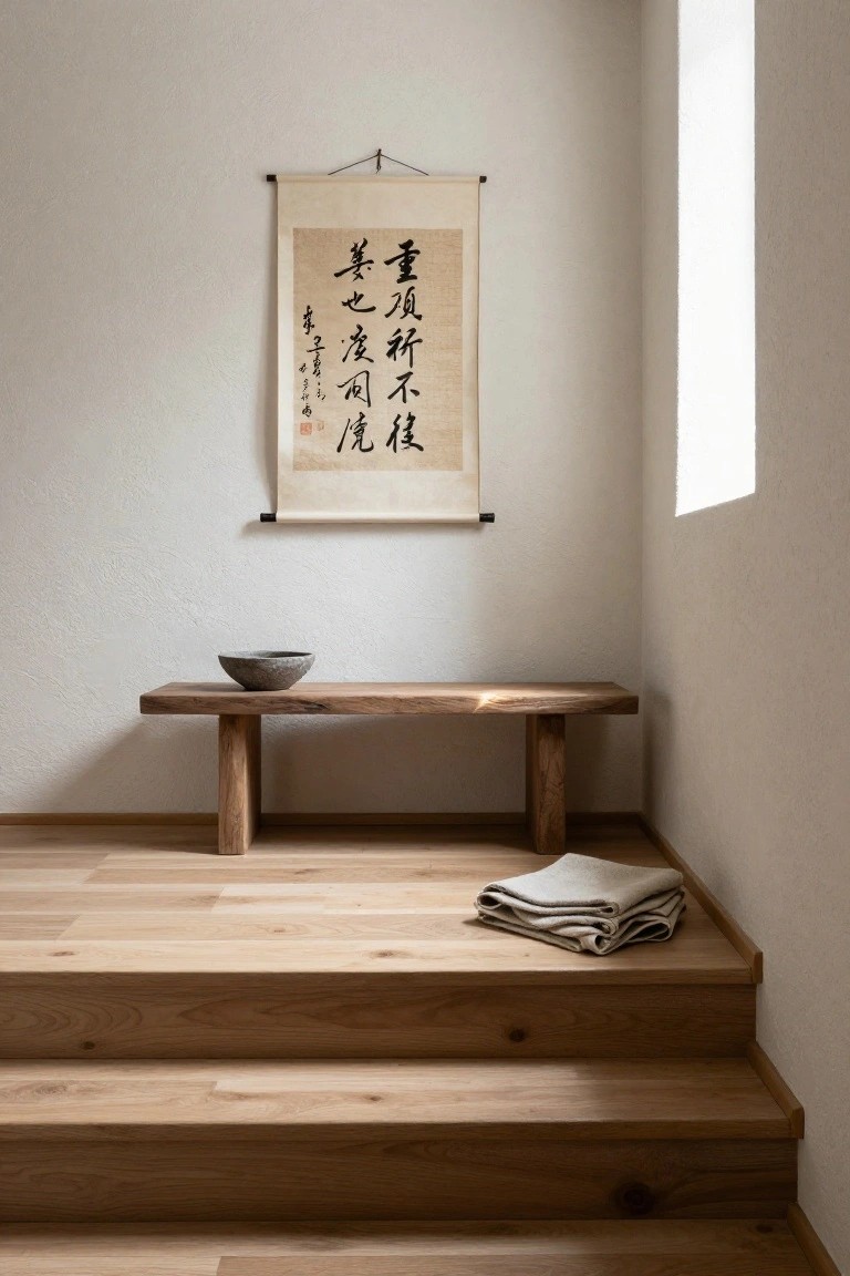 Minimalist interior corner with beige wall scroll featuring black Chinese calligraphy, low wooden bench holding gray stone bowl, folded beige linens on wooden steps, light wood flooring and window.