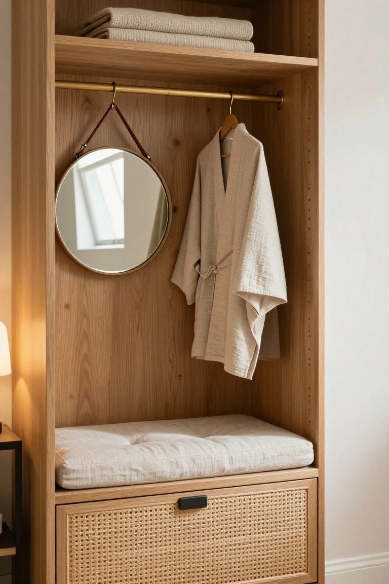 Open oak wardrobe with top shelves holding folded beige towels, gold hanging rod with beige kimono robe and wooden hanger, round mirror on leather strap, lower cushioned bench seat, and rattan-fronted drawer.