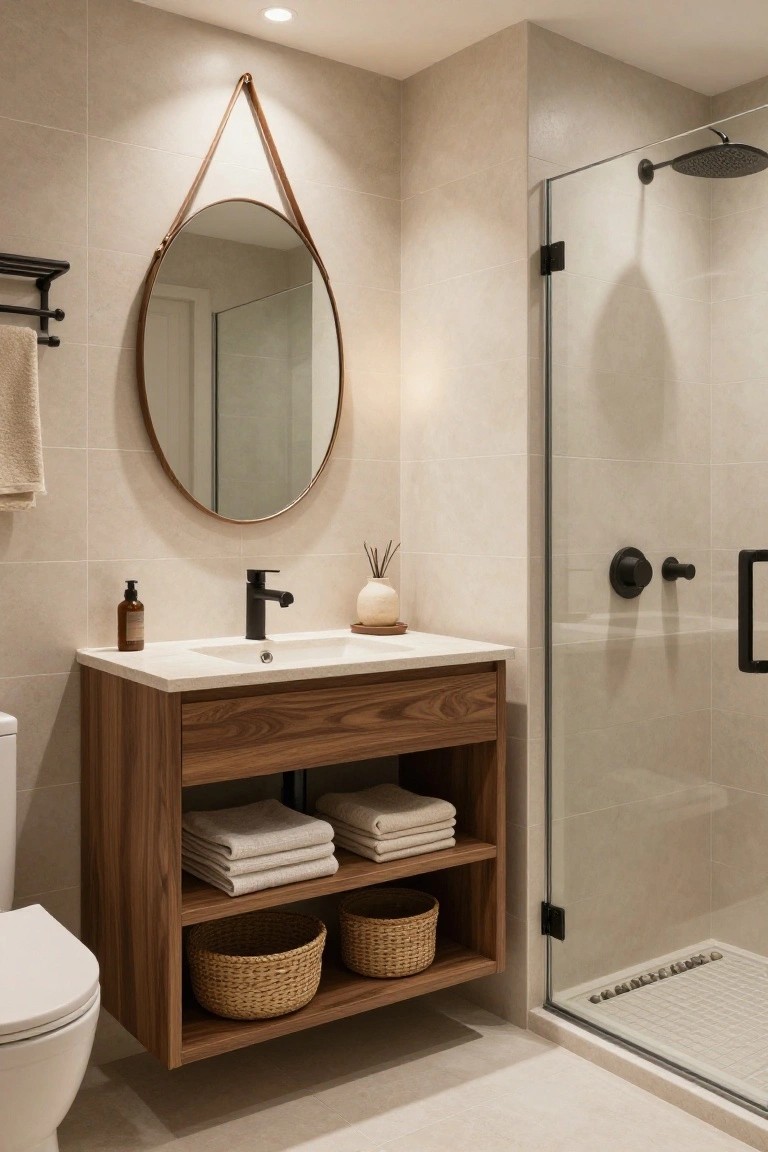 Bathroom interior with floating wooden vanity, open shelves holding towels and woven baskets, round mirror with leather strap hanger, glass shower enclosure, black fixtures, and neutral beige tiled walls and floor.