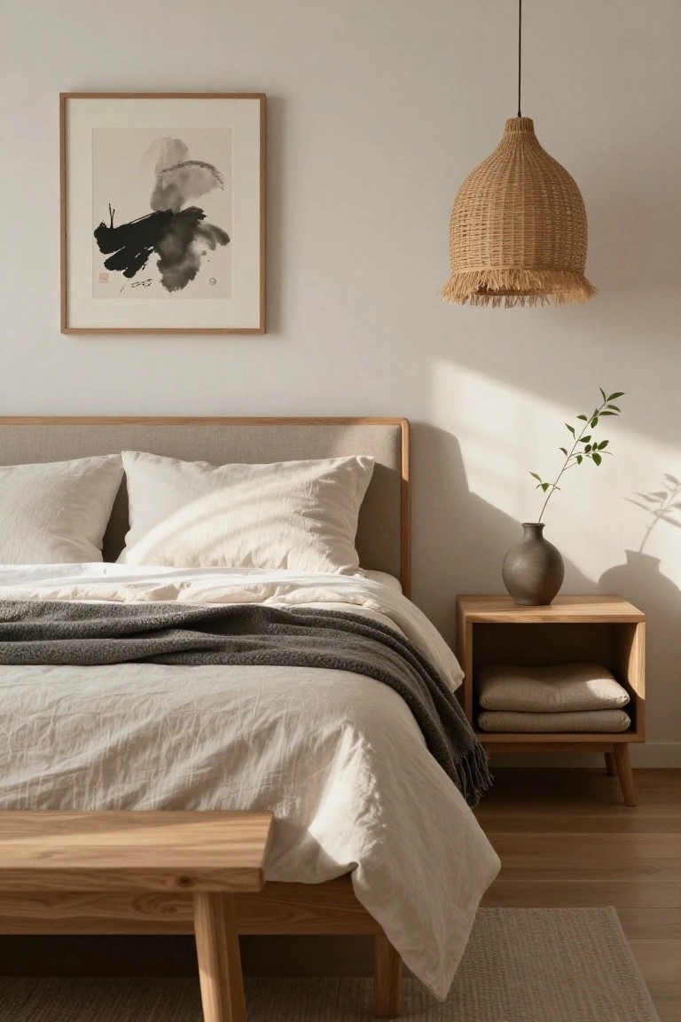 Minimalist bedroom with light wood bed frame and upholstered headboard, white linen bedding layered with gray throw, wooden nightstand holding gray vase with plant sprig, woven rattan pendant light overhead, abstract ink artwork in wood frame on white wall, wooden bench at bed foot, light wood floor, and seagrass rug.