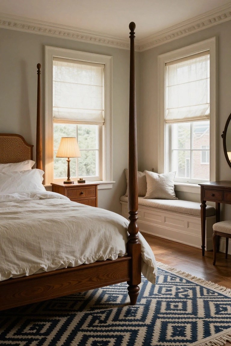 Corner bedroom interior with tall wooden four-poster bed covered in white linens, sheer shades on two multipaned windows, rattan headboard, bedside table with lamp, built-in window seat, small desk, and blue geometric rug on wood floors.