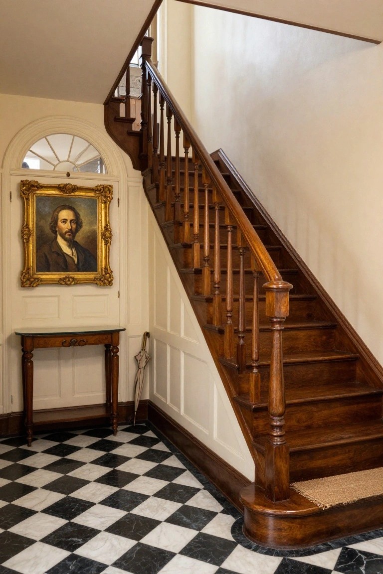 Interior of a colonial entryway with dark wooden staircase, gold-framed portrait painting, small console table, umbrella stand, and black and white checkered marble floor.