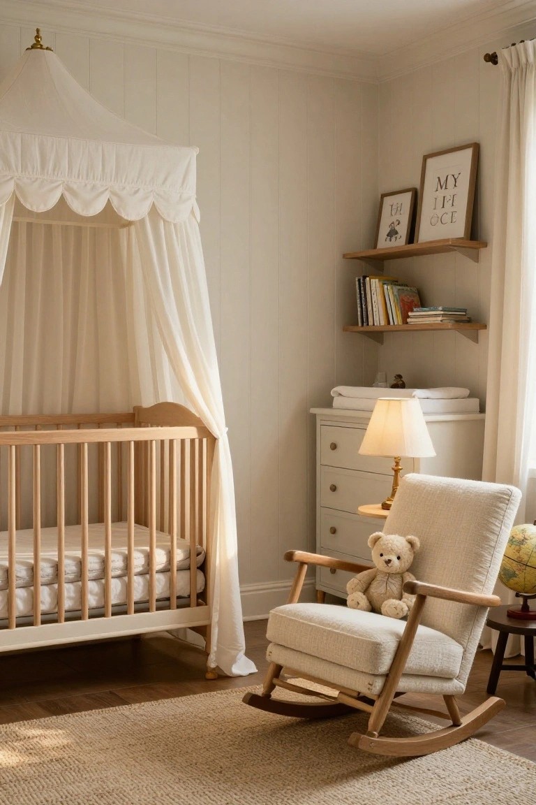A sunlit nursery corner with a white wooden crib under a sheer draped canopy, a beige rocking chair holding a teddy bear and globe beside it, neutral bookshelves, and a changing table.