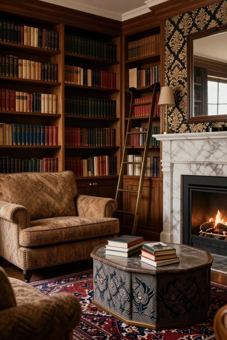 Wood-paneled library room with tall bookshelves filled with multicolored books, wooden rolling ladder, beige patterned armchair, octagonal table stacked with books, red and blue rug, and marble fireplace with burning fire.