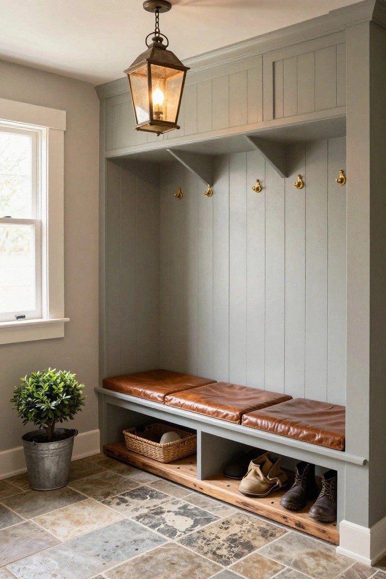 Gray shiplap-walled mudroom with built-in wooden bench topped by brown leather cushions, shoe cubbies and baskets below, brass coat hooks above, hanging lantern light, potted plant, and stone tile floor