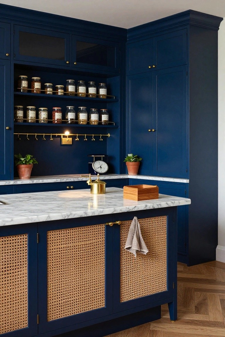 Navy blue painted kitchen cabinets with glass-front uppers, open shelving holding glass jars of spices, marble countertop island with rattan doors and gold kettle.