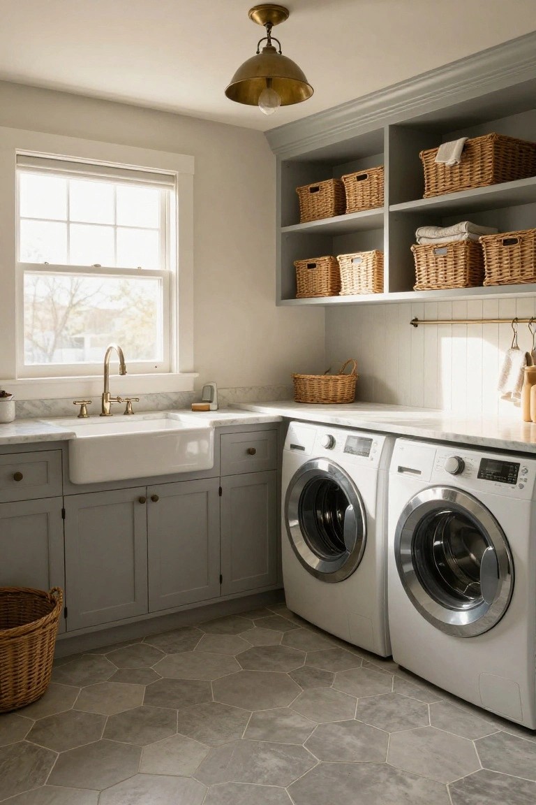 Laundry room interior with light gray lower cabinets and open upper shelving stocked with multiple woven baskets, white farmhouse sink on marble counter, white front-load washer and dryer, brass faucet and pendant light, window, and gray hexagonal floor tiles.