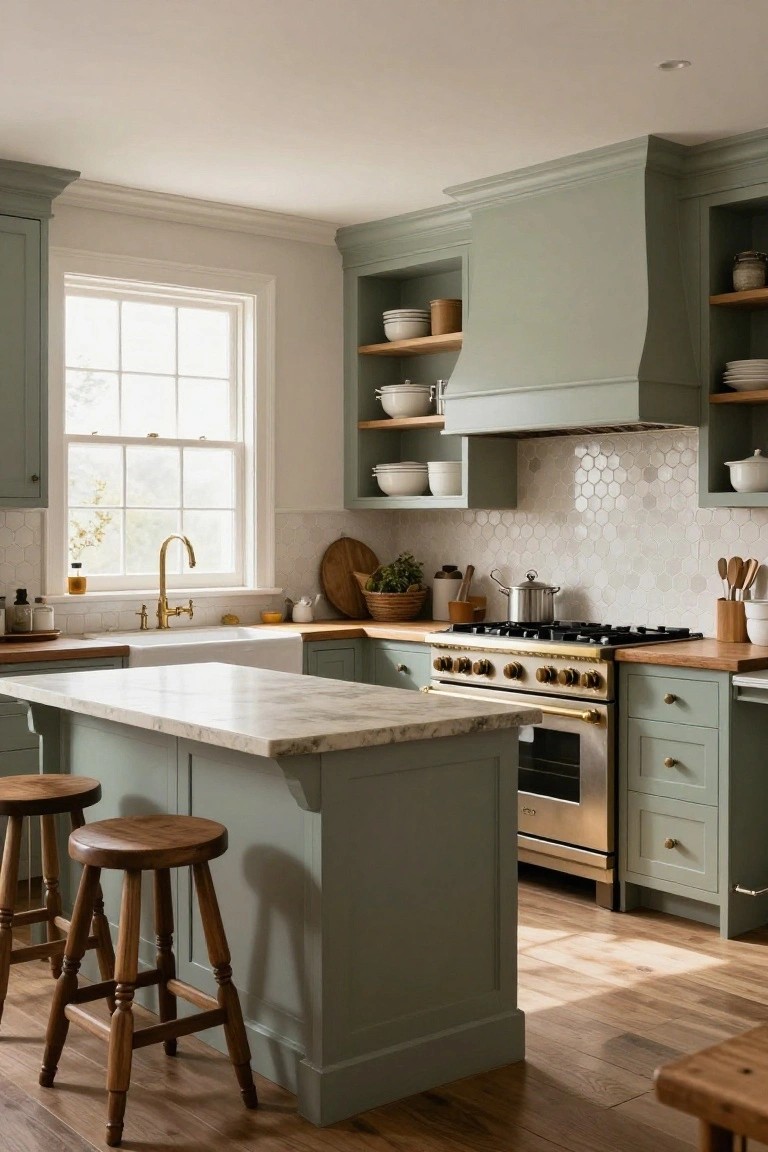 A kitchen with sage green cabinets on lowers and island, white shaker-style upper cabinets, white hexagonal tile backsplash, brass faucet and gold range, white farmhouse sink, marble island top with wooden stools, and oak wood floors.