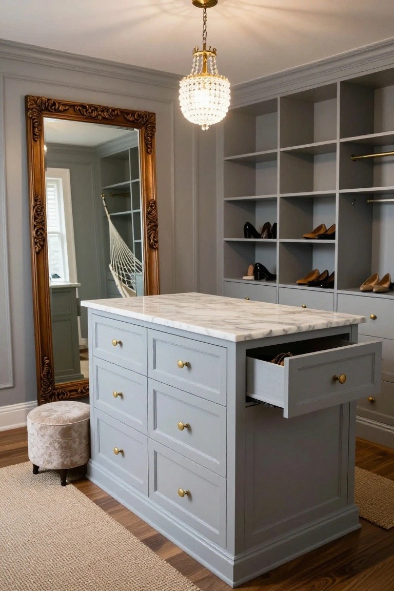 Elegant gray island with marble top in a walk-in closet.