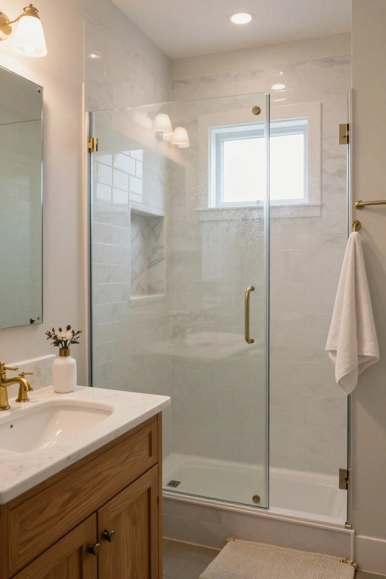 Bathroom with oak wood vanity topped by white marble sink and gold faucet, next to a glass shower enclosure with white subway tile walls and a hanging white towel.