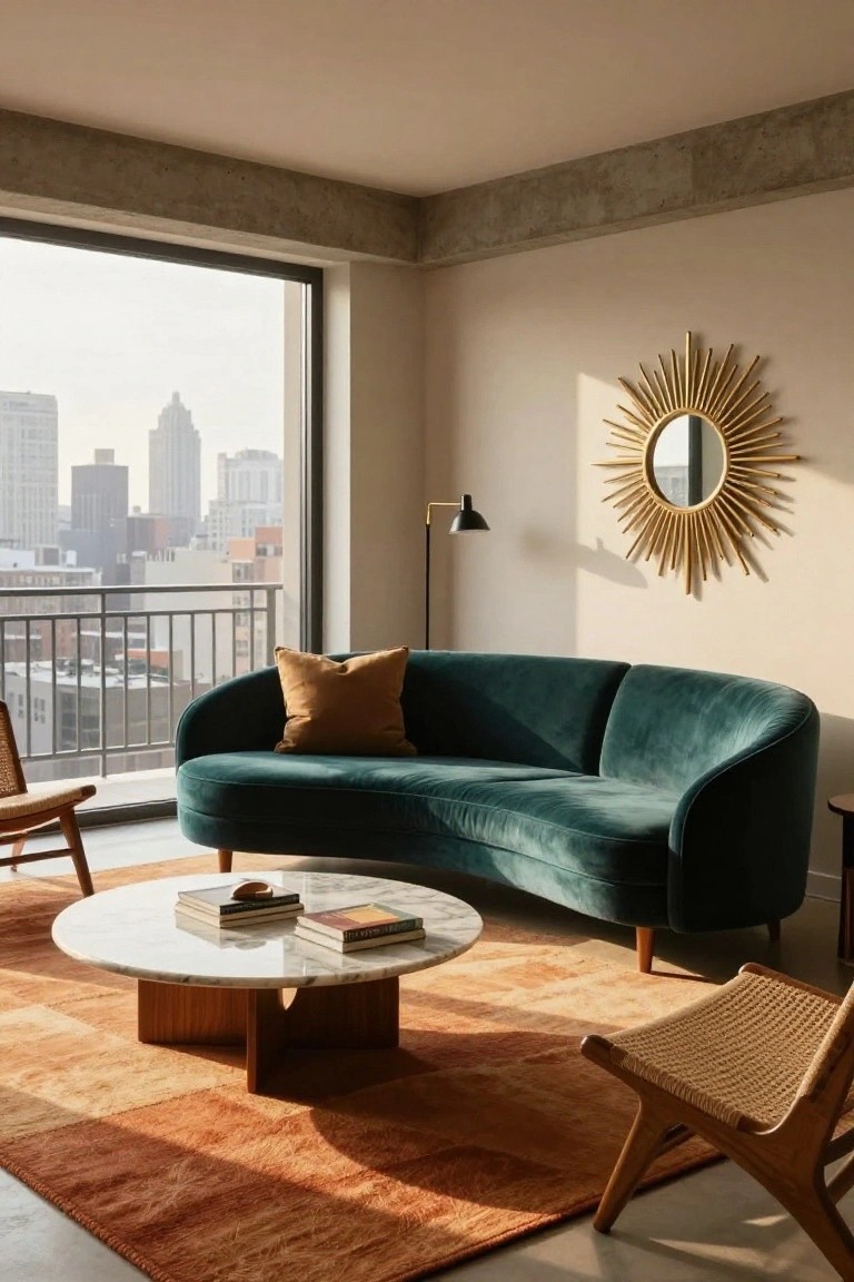 Modern apartment living room with curved emerald green velvet sofa, round marble-topped wooden coffee table on terracotta rug, rattan chairs, gold sunburst mirror on beige wall, black floor lamp, and large windows showing city skyline.
