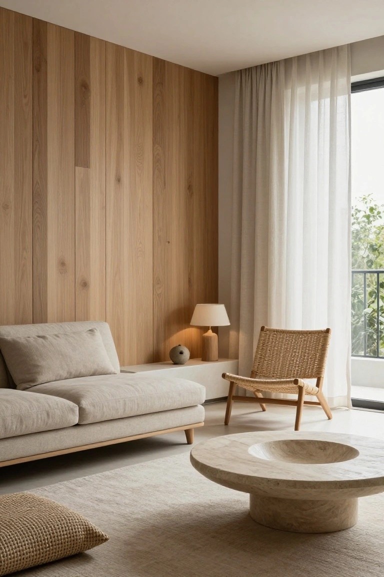 Minimalist living room with beige sofa, woven chair, stone coffee table, and wood walls.