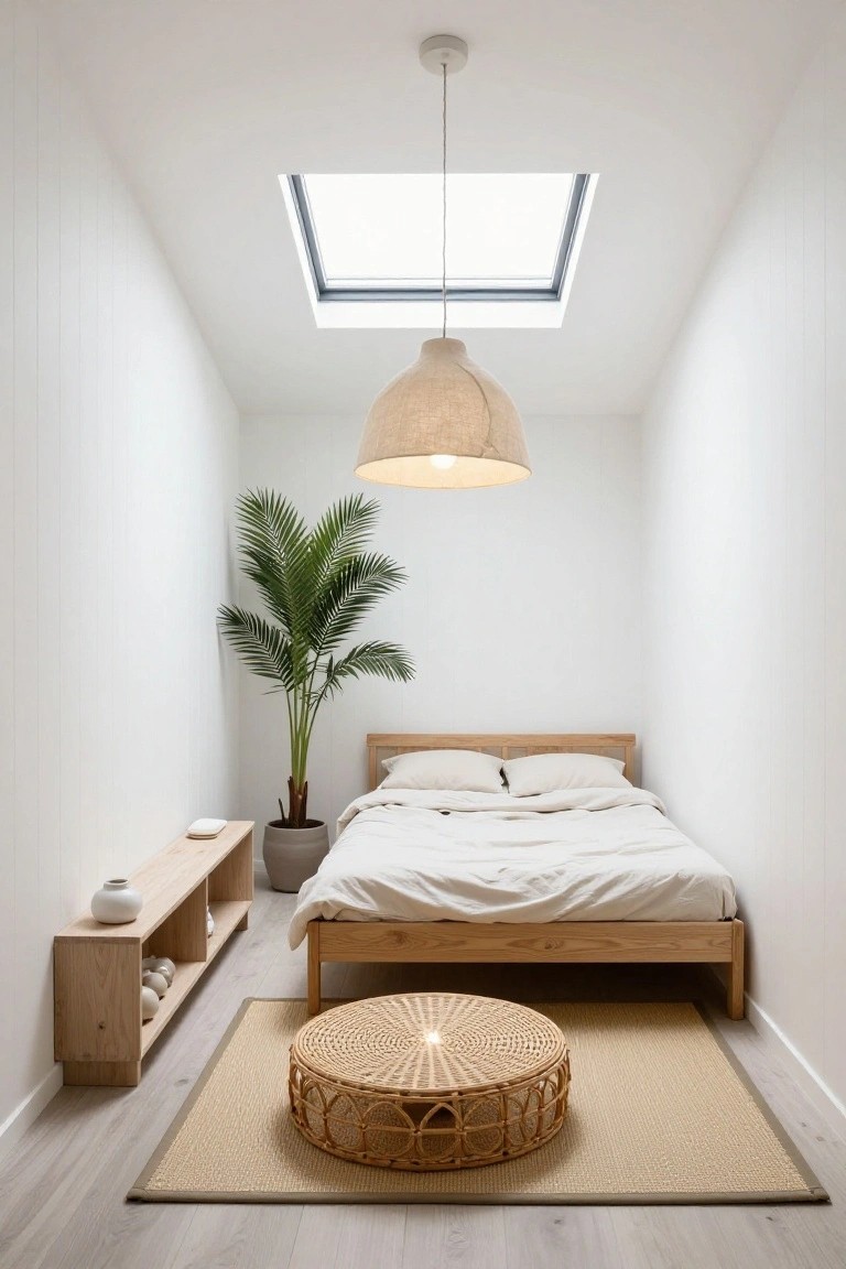 Narrow white-walled bedroom with low wooden platform bed covered in white linens, tall potted palm plant next to it, wooden shelf with ceramics, round woven stool on seagrass rug, fabric pendant lamp hanging from ceiling with skylight above, light wood floors.