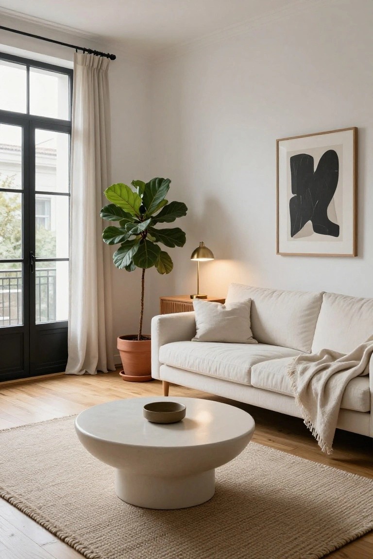 Bright apartment living room with cream sofa on beige jute rug, white pedestal coffee table holding a beige bowl, large fiddle leaf fig in terracotta pot, wooden side table with brass lamp, abstract black and white framed art, and large black-framed windows with cream curtains.
