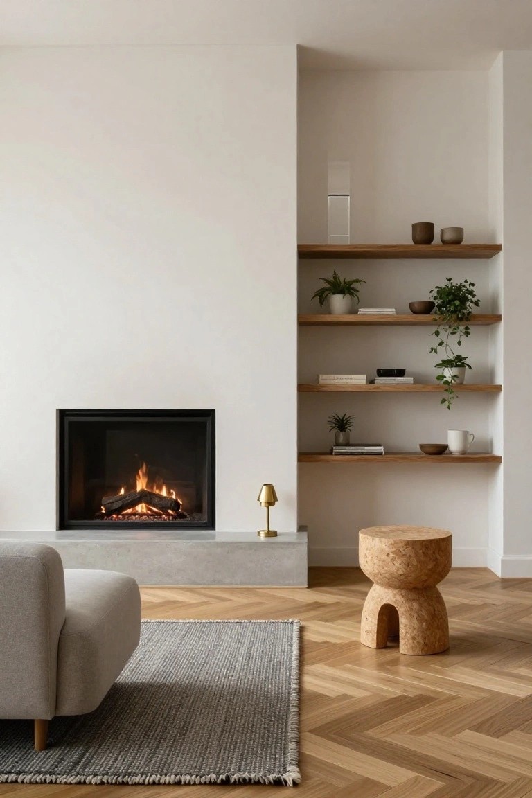 Modern living room with black-framed gas fireplace on gray concrete base, flanked by three wooden shelves on one side holding plants, books, ceramics, and a small gold lamp, plus a curved gray sofa, cork stool, gray rug, and herringbone oak floor.