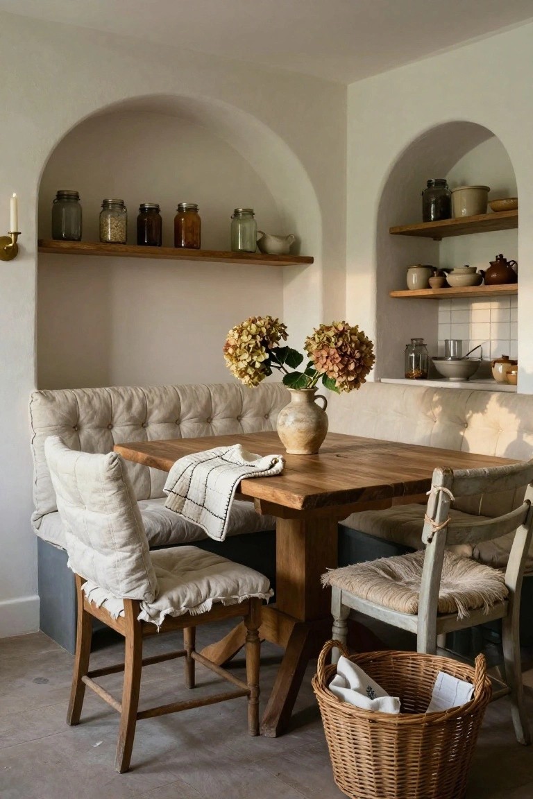 Rustic indoor dining nook with beige tufted banquette seating, wooden table, linen-upholstered chairs, arched wall shelves holding jars and pottery, and dried hydrangeas in a terracotta vase.