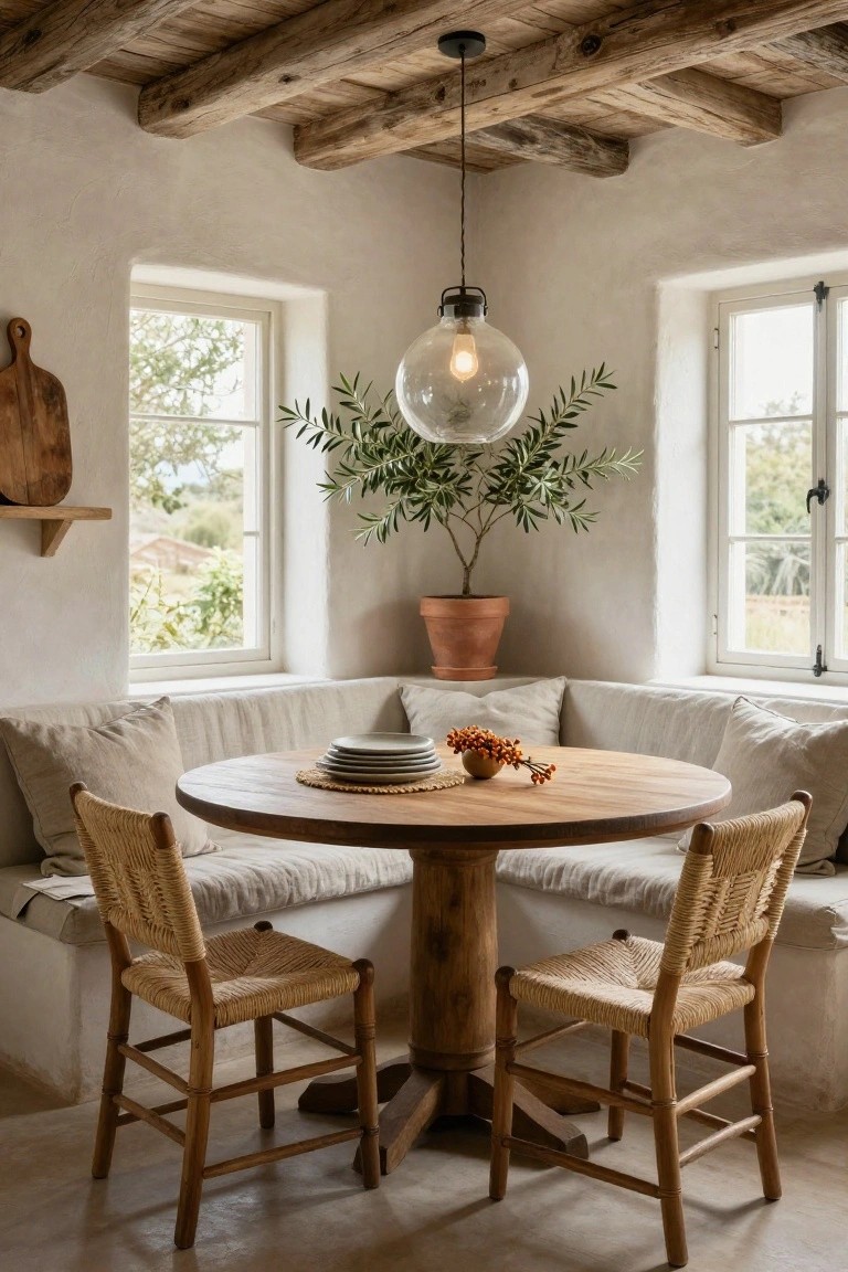 Rustic dining nook in a whitewashed room with exposed wooden beams, corner banquette seating with white cushions around a round wooden table, two rattan chairs, olive tree in terracotta pot, glass pendant light, and windows overlooking greenery.