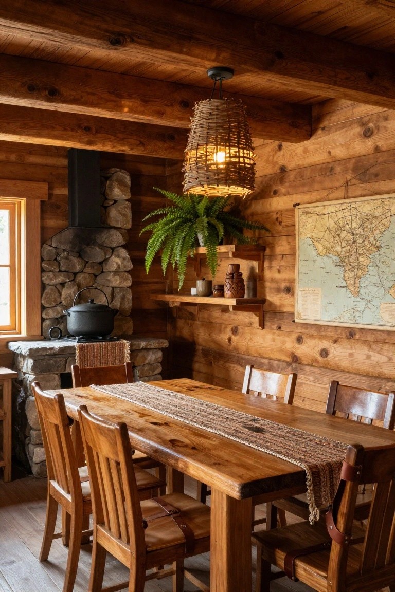 Rustic log cabin dining area with wooden table and chairs next to a stone fireplace and wood stove, pot on burner, hanging rattan light, fern plant, and wall map.
