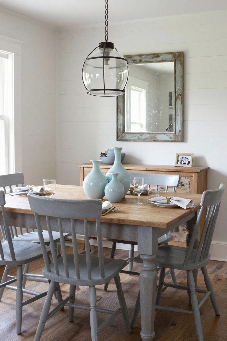 Rustic dining room featuring a rectangular wooden farmhouse table with gray ladderback chairs, blue ceramic vases and glassware on the table, shiplap walls, a distressed wood buffet, and a large glass pendant light hanging above.