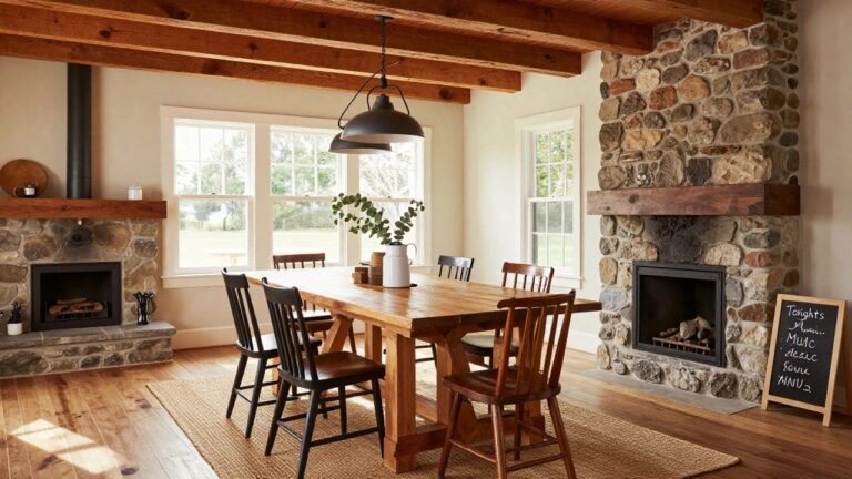 Rustic interior dining room with exposed wooden beam ceiling, black pendant light, live-edge wooden table, black and wooden chairs, brown leather bench, stone fireplace, and large windows.