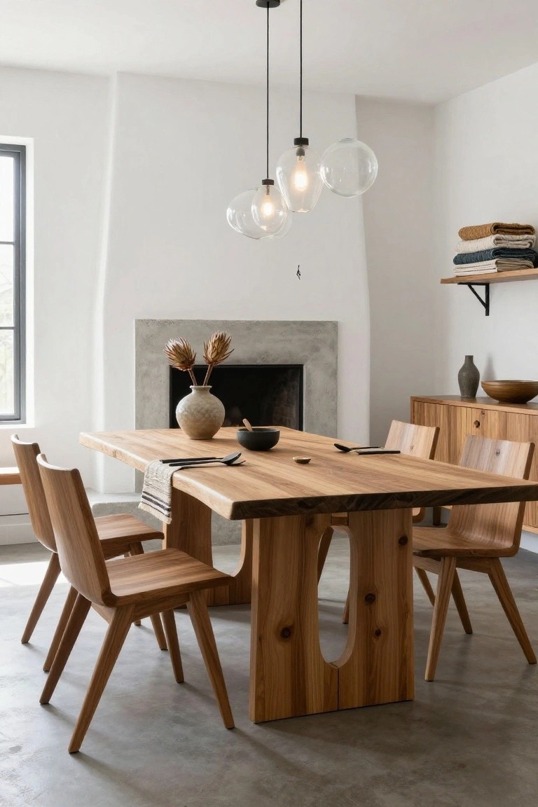 A minimalist dining room with a large live-edge wooden table, wooden chairs, pendant globe lights, a concrete fireplace with dried flowers, and wooden cabinets against white walls and a concrete floor.