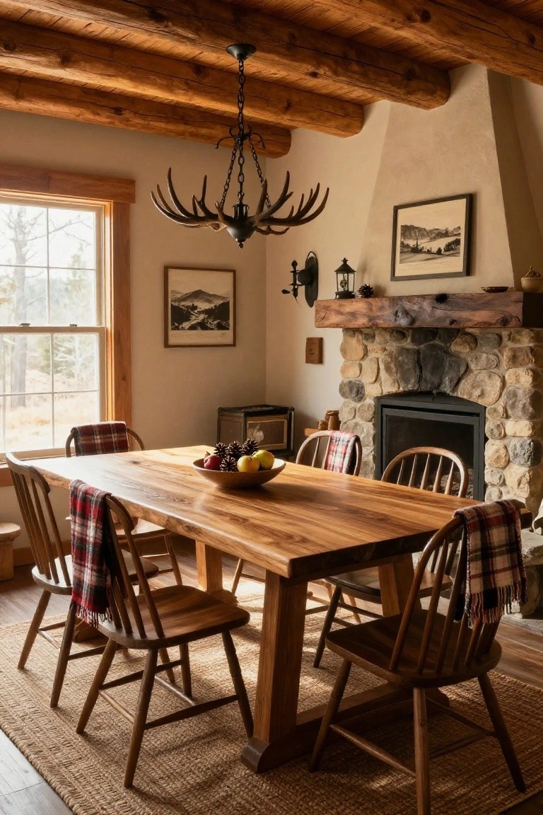 Rustic dining room featuring wooden beamed ceiling, antler chandelier, stone fireplace, wooden table with bowl of apples and pinecones, plaid throws on wooden chairs, and landscape artwork on walls.