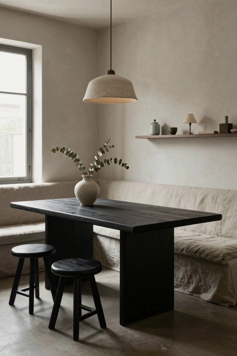 Corner dining area in a beige room with black wooden table, beige built-in bench seat, two black stools, white ceramic vase with eucalyptus branches on table, floating wooden shelf with pottery and lamp, fabric pendant light overhead, and window.