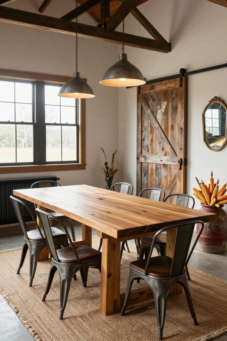Rustic dining room interior with long rectangular wooden table, black metal chairs with brown leather seats, exposed wood beam ceiling, two pendant lights, sliding barn door, radiator, and cornstalk decor on concrete floor with jute rug.