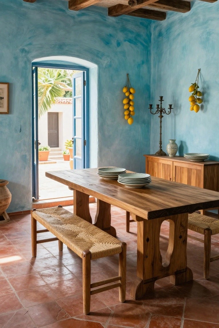 Rustic dining room interior featuring a large wooden trestle table with woven rush benches, blue-washed walls, open arched door to courtyard with plants, hanging lemons, and wooden sideboard.