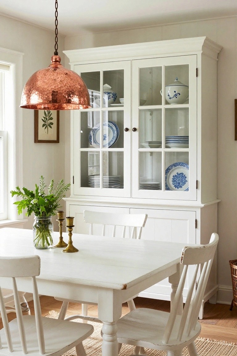 A rustic white wooden dining table with matching chairs under a hammered copper pendant light, next to a tall white glass-fronted corner hutch displaying blue and white plates and bowls, with vases of greenery and brass candlesticks on the table.