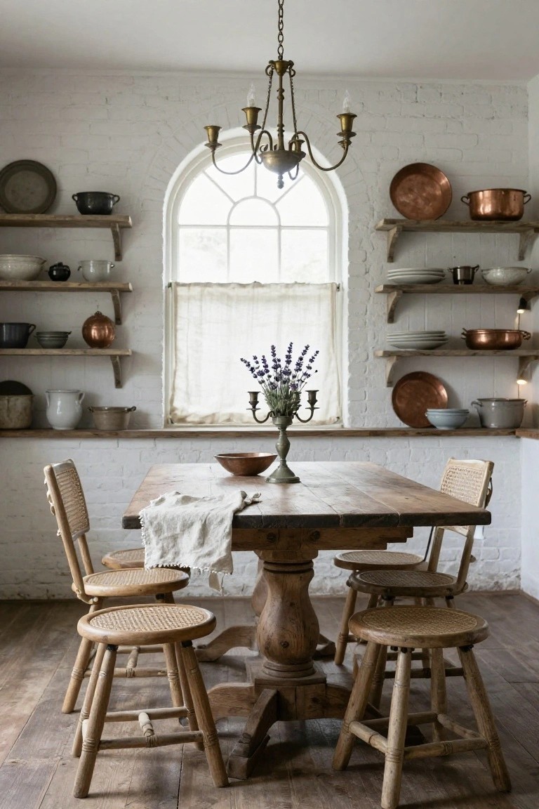 Rustic interior dining area featuring a wooden pedestal table with rattan chairs and stools, white brick walls, open wooden shelves holding copper pots and ceramics, an arched window with sheer curtain, brass chandelier, and lavender flowers in a candelabra.