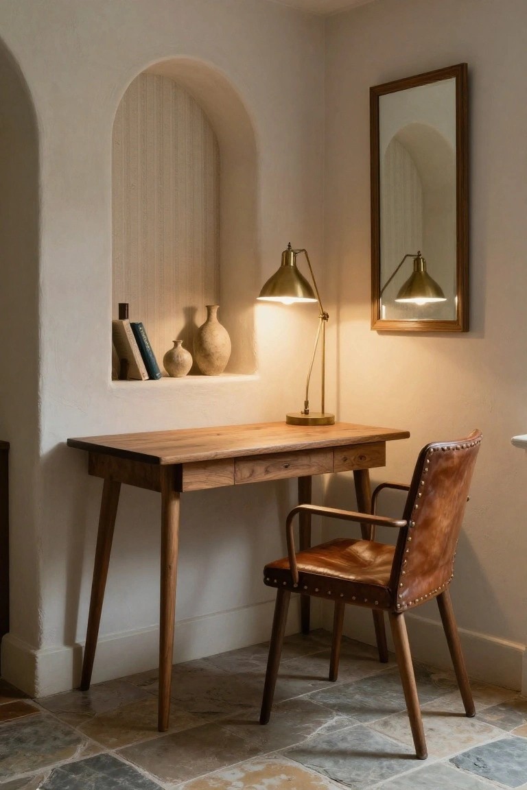 Wooden tapered-leg desk with leather studded chair in front of arched alcove niche holding books and ceramic vases, brass desk lamps lit, wood-framed mirror on wall, stone tile floor