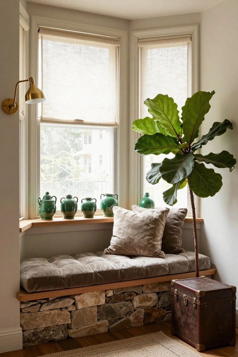 Bay window nook with linen shades, wooden sill lined with green ceramic vases, cushioned gray bench on oak frame and stone base below, large fiddle leaf fig plant beside it, beige pillows, gold wall sconce, and leather trunk on wood floor nearby.