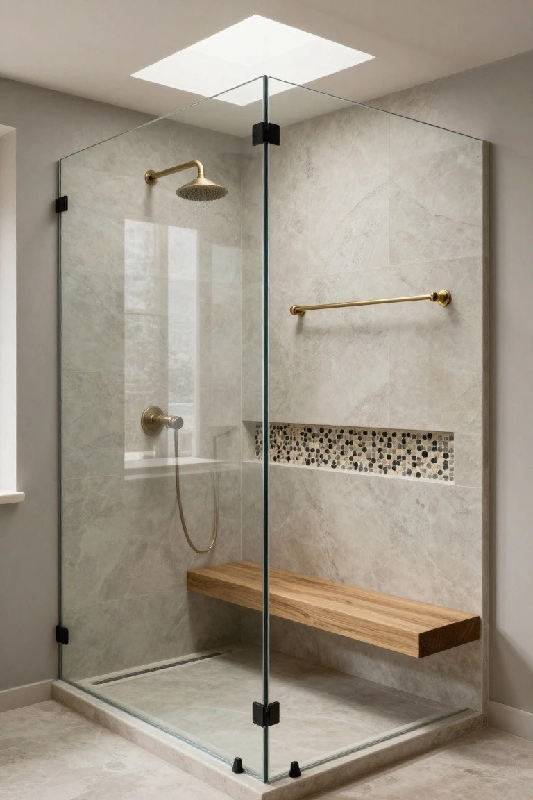 Corner walk-in shower with frameless glass enclosure, gray marble-look tile walls and floor, built-in wooden bench seat, gold rain showerhead and hand shower, mosaic tile niche, and towel bar.