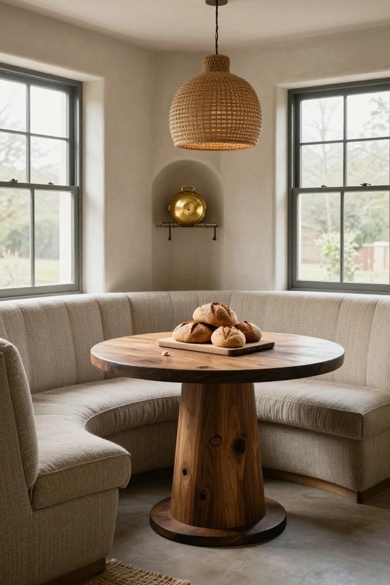 Curved beige upholstered banquette surrounding a round wooden pedestal table topped with bread loaves on a wooden board, in a light neutral corner room with large windows, rattan pendant light, and gold bell on shelf.