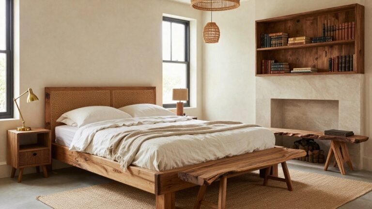 Bedroom interior with light beige walls, large window overlooking trees, wall-mounted wooden bookshelf with books, rattan pendant light, wooden desk lamp, cane headboard bed with white linen bedding and pillows, live-edge wooden bench at foot of bed, and seagrass rug on floor.