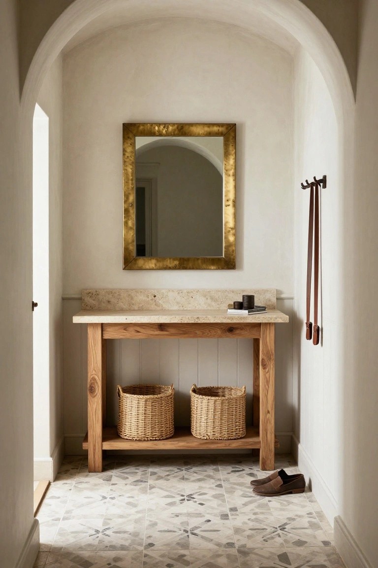 Narrow beige hallway with arched openings featuring a wooden console table with light stone top, gold-framed mirror above, two wicker baskets on lower shelf, hanging brown leather straps, and brown men's loafers on patterned gray tile floor.
