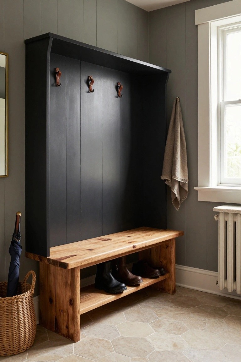 Black paneled wooden coat rack with three leather-wrapped hooks and a towel hanging from one, above a natural wood bench with boots stored underneath, umbrella in a wicker basket beside it, in a gray-walled room with hexagonal tile floor.
