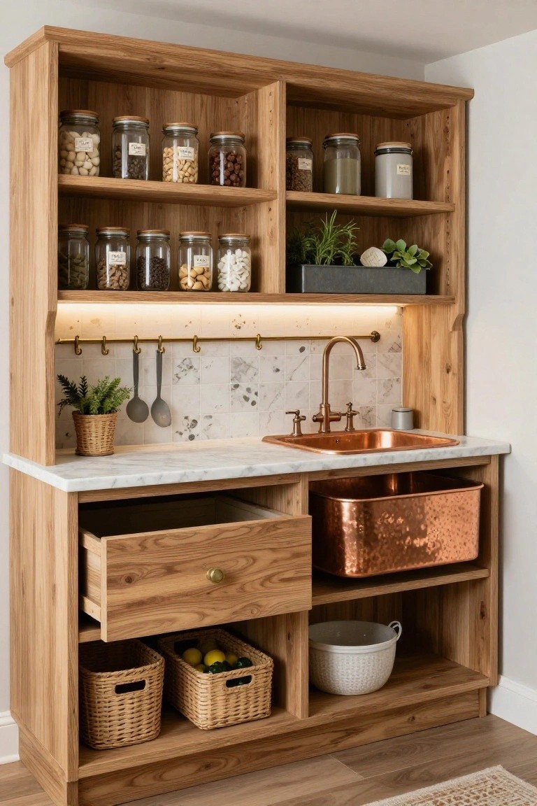 Wooden cabinet with open shelves filled with glass jars of dry goods, nuts, and spices, a copper sink in marble countertop below, potted plants, and utensils hanging on hooks in a kitchen.