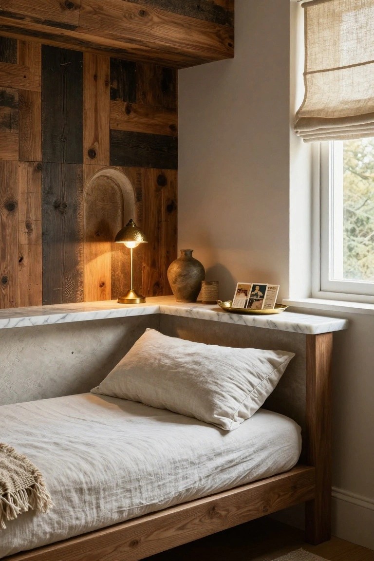 Corner daybed nook featuring patchwork reclaimed wood plank wall paneling, white marble shelf with brass lamp, terracotta vase, and photo frames, simple wooden bed frame with white linen sheets and throw, next to a window with beige linen shades.