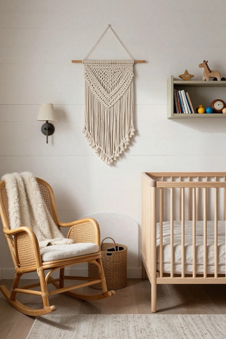 Light nursery room with white shiplap walls, beige macrame wall hanging, wooden crib with white linens, rattan rocking chair with white furry throw and basket beside it, wall shelf holding books toys and clock, wall lamp, and light wood floor with gray rug.