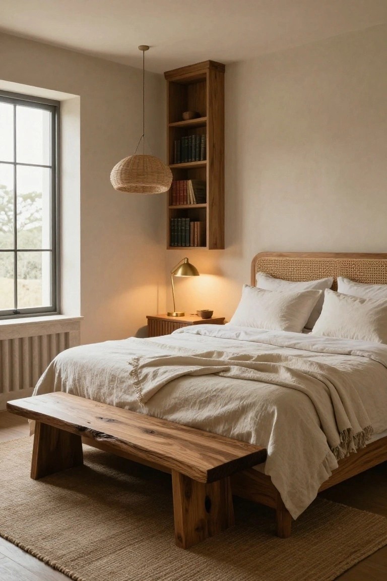 Bedroom interior with light beige walls, large window overlooking trees, wall-mounted wooden bookshelf with books, rattan pendant light, wooden desk lamp, cane headboard bed with white linen bedding and pillows, live-edge wooden bench at foot of bed, and seagrass rug on floor.