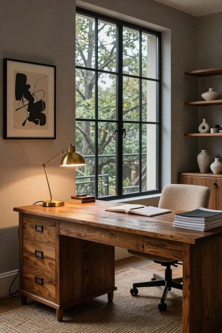 A home office interior with a large wooden desk topped by an open notebook and stack of papers, brass desk lamp, cream fabric chair on wheels, black metal window frames showing trees outside, floating wooden shelves holding white ceramics, and neutral grey walls.