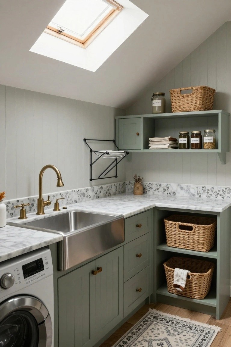 A compact attic laundry room with sage green paneled cabinets, white marble countertop and backsplash, stainless steel farmhouse sink, front-loading washer, open shelves holding jars and linens, wicker baskets, drying rack, skylight, wood floor, and patterned rug.