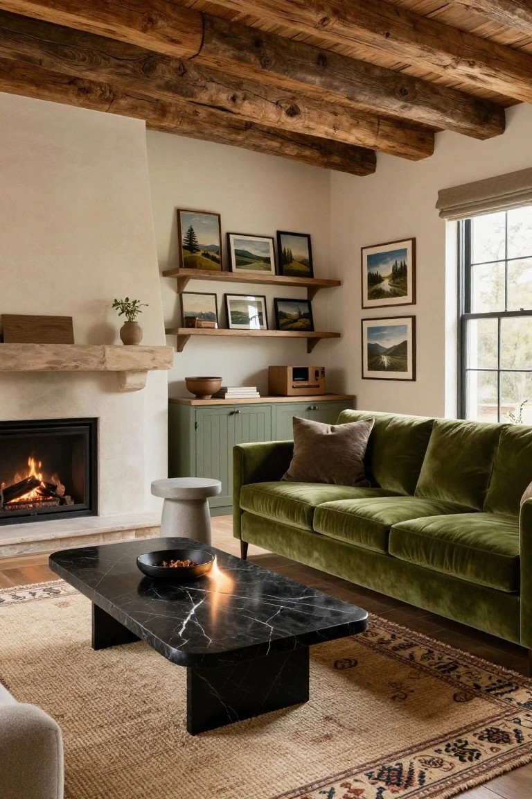 Living room with exposed wooden beam ceiling, white plaster walls, stone fireplace, wooden shelves holding landscape paintings, green velvet sofa, black marble coffee table, woven rug, and small stool.