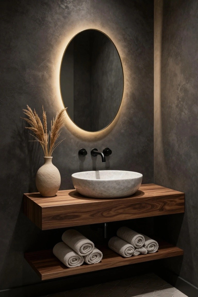 Close-up of a floating warm wood vanity shelf with white marble vessel sink, black faucet, backlit oval mirror, beige vase of pampas grass, and stacked white towels on the lower shelf, set against a textured dark gray wall in a bathroom.