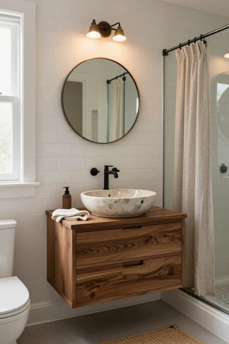 Bathroom with floating wooden vanity topped by white marble vessel sink, round brass mirror on white subway tile wall, white toilet, and glass shower with beige linen curtain.